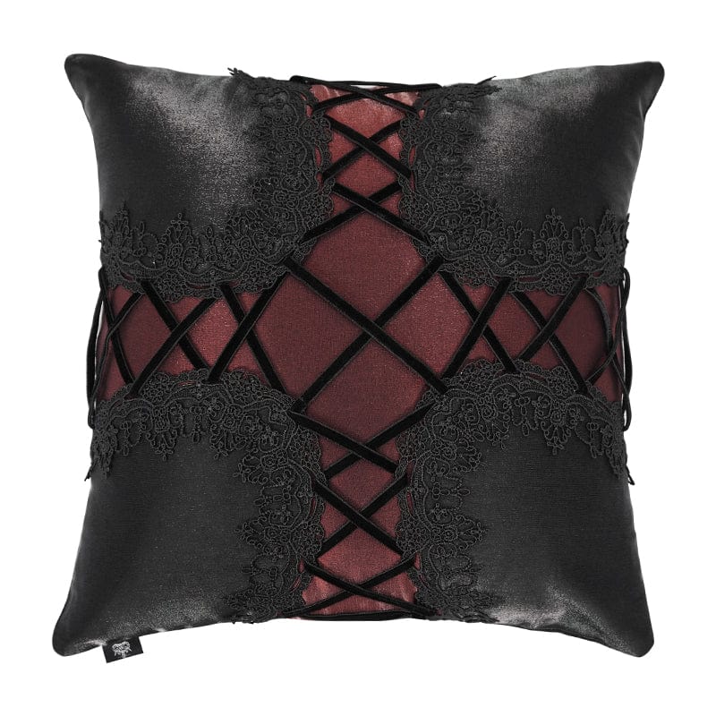 Black strappy lace pillow with dark red inset and criss-cross detail